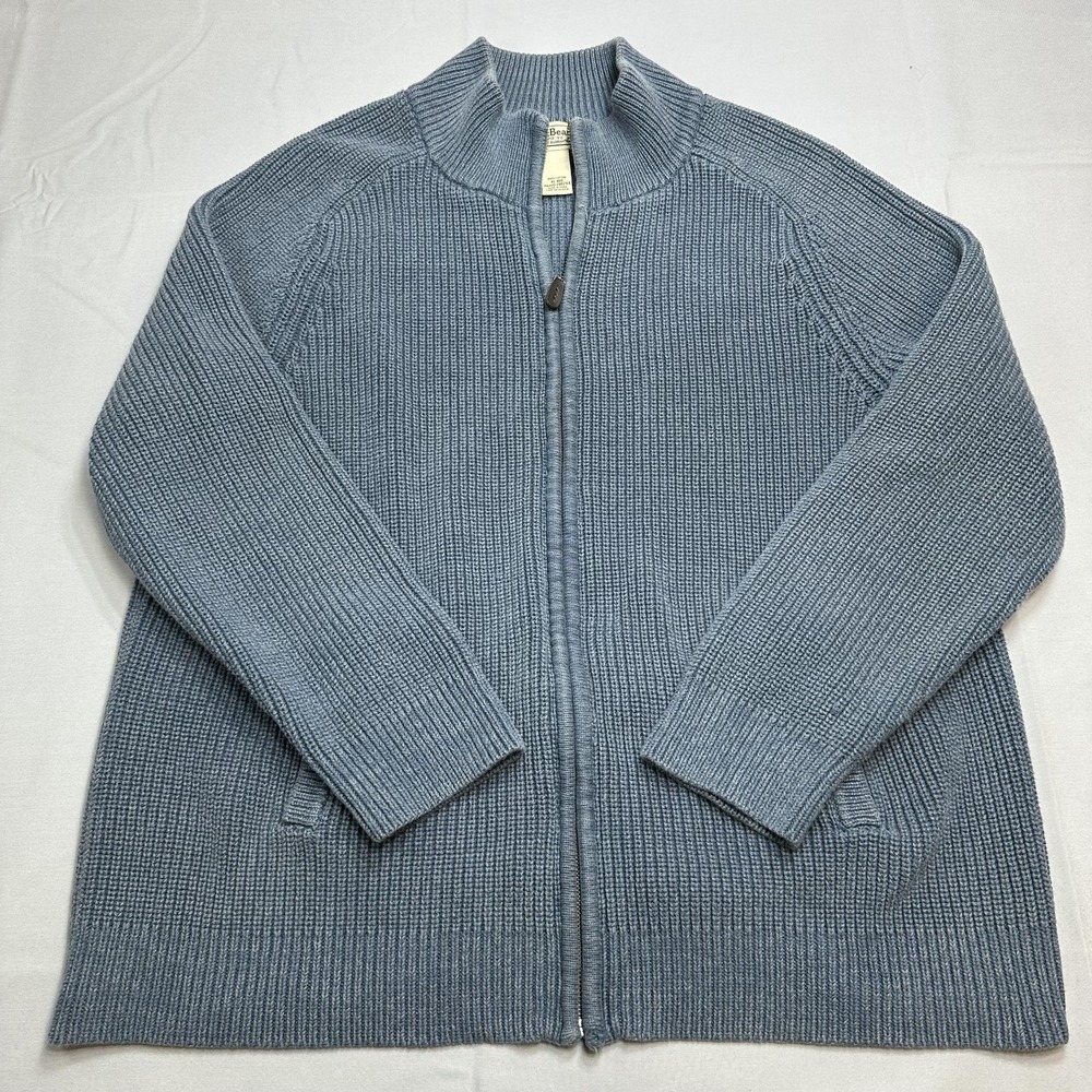 L.L. Bean Sweater Mens XL Blue Cotton Full Zip Mock Neck Chunky-Knit Heavyweight